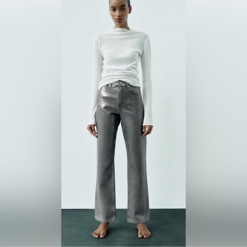 ZARA Mid Rise Straight Leg Foil Jeans